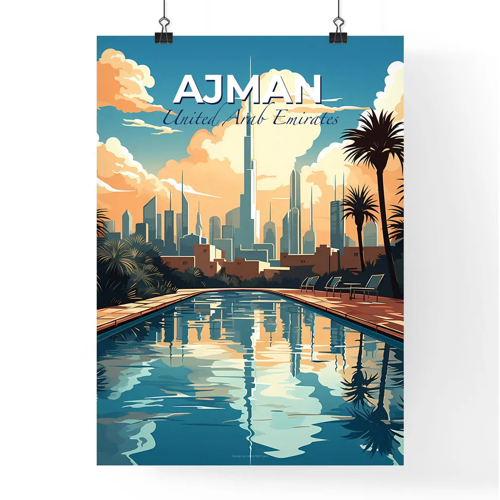 Vibrant Poolside Painting Depicting Ajman, UAE Skyline Default Title