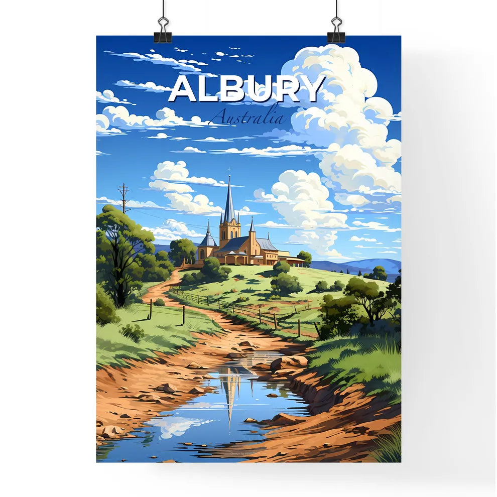 Albury-Wodonga Skyline Painting: Church and Stream Landscape with Artistic Flair Default Title