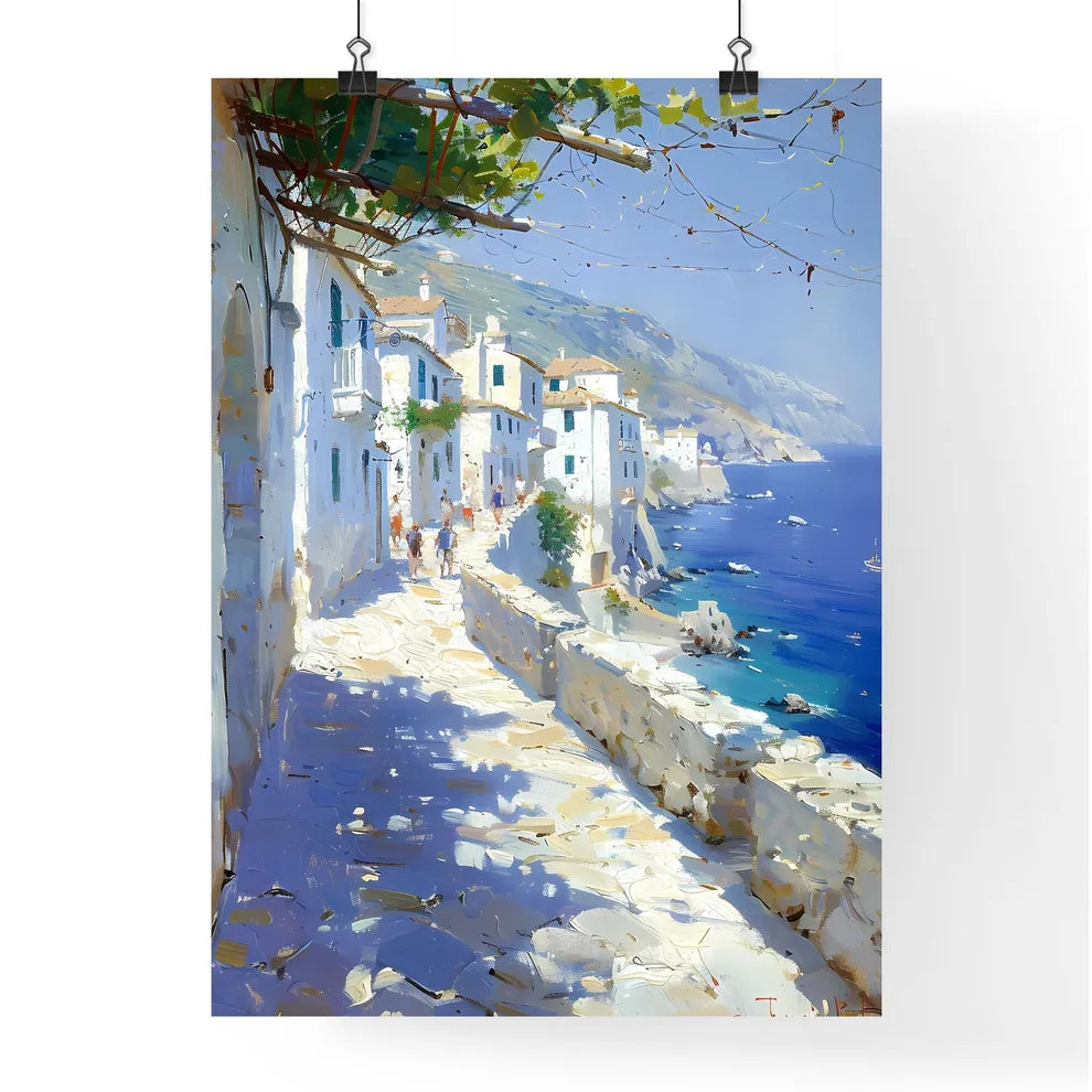 Impressionist Trattoria Scene: Vibrant Dining Amidst Stone Paths, Water, and Warm Sunlight Poster