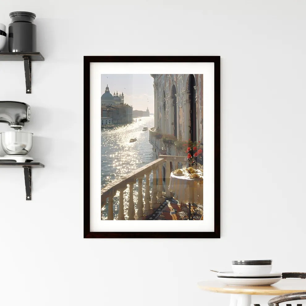 Impressionistic Italian Trattoria Scene: Midday Dining Delights Amidst Cozy Ambiance and River Views Custom Print