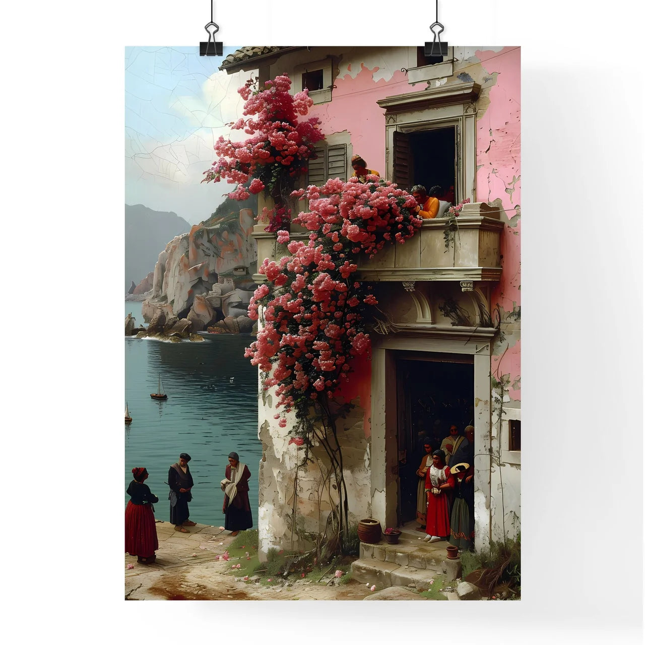 Impressionist Trattoria Scene: Art Painting of Lively Midday Dining Atmosphere Featuring Steaming Pasta and Balcony Flowers Poster