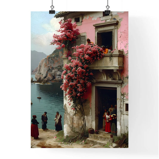 Impressionist Trattoria Scene: Art Painting of Lively Midday Dining Atmosphere Featuring Steaming Pasta and Balcony Flowers Poster