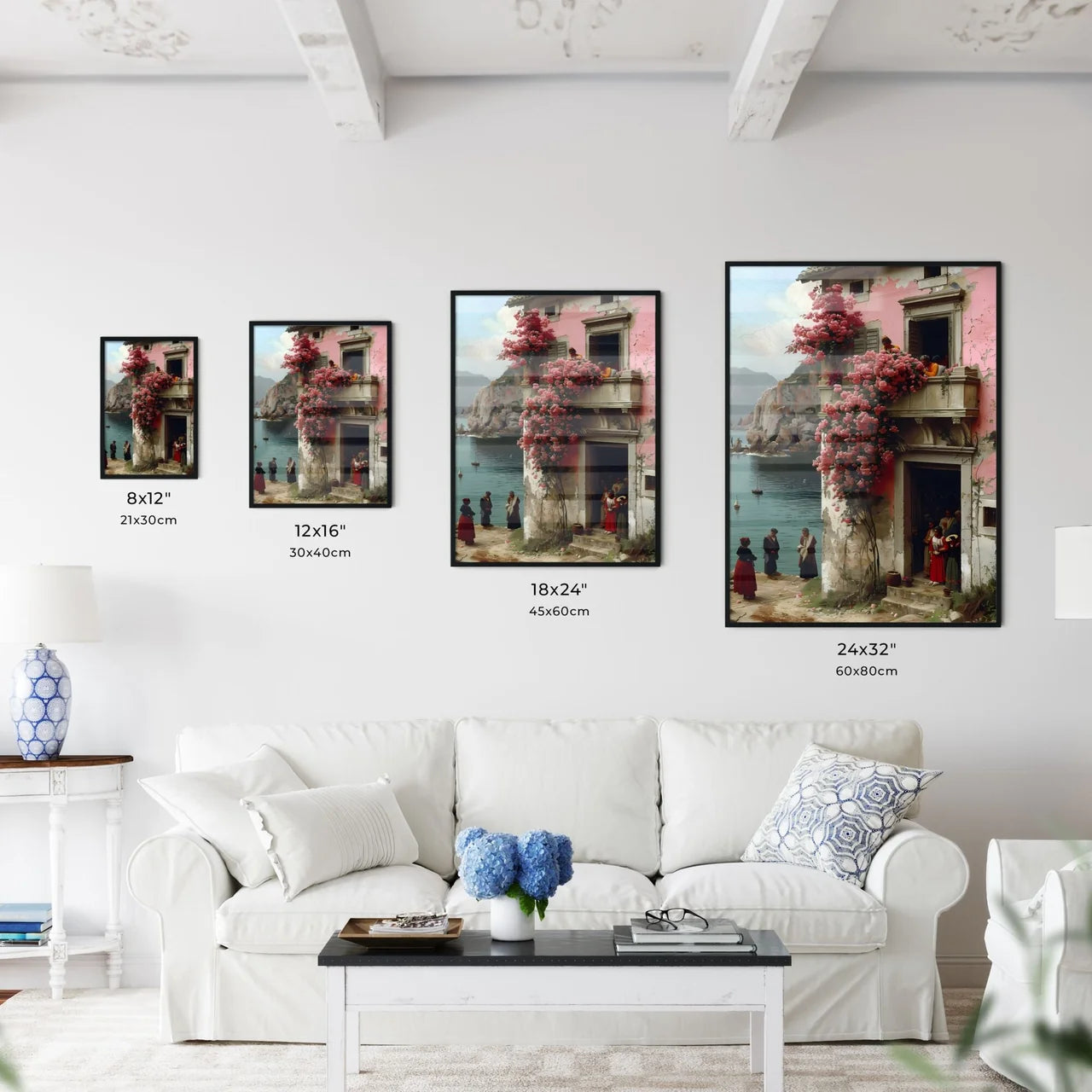 Impressionist Trattoria Scene: Art Painting of Lively Midday Dining Atmosphere Featuring Steaming Pasta and Balcony Flowers Size Chart