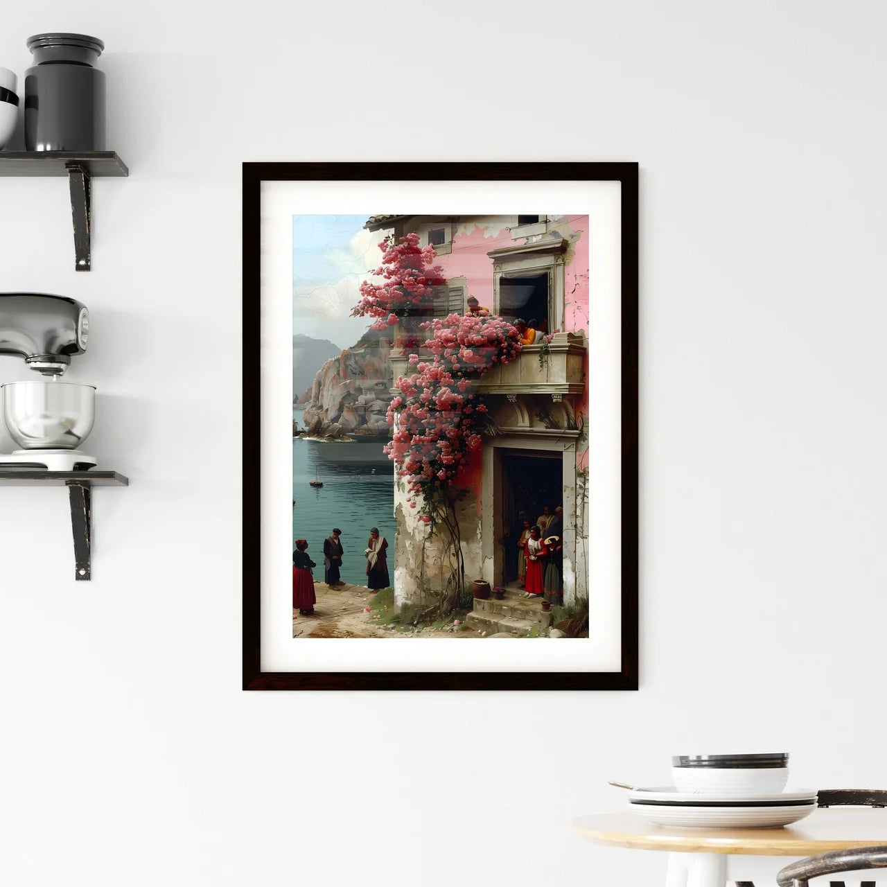 Impressionist Trattoria Scene: Art Painting of Lively Midday Dining Atmosphere Featuring Steaming Pasta and Balcony Flowers Custom Print