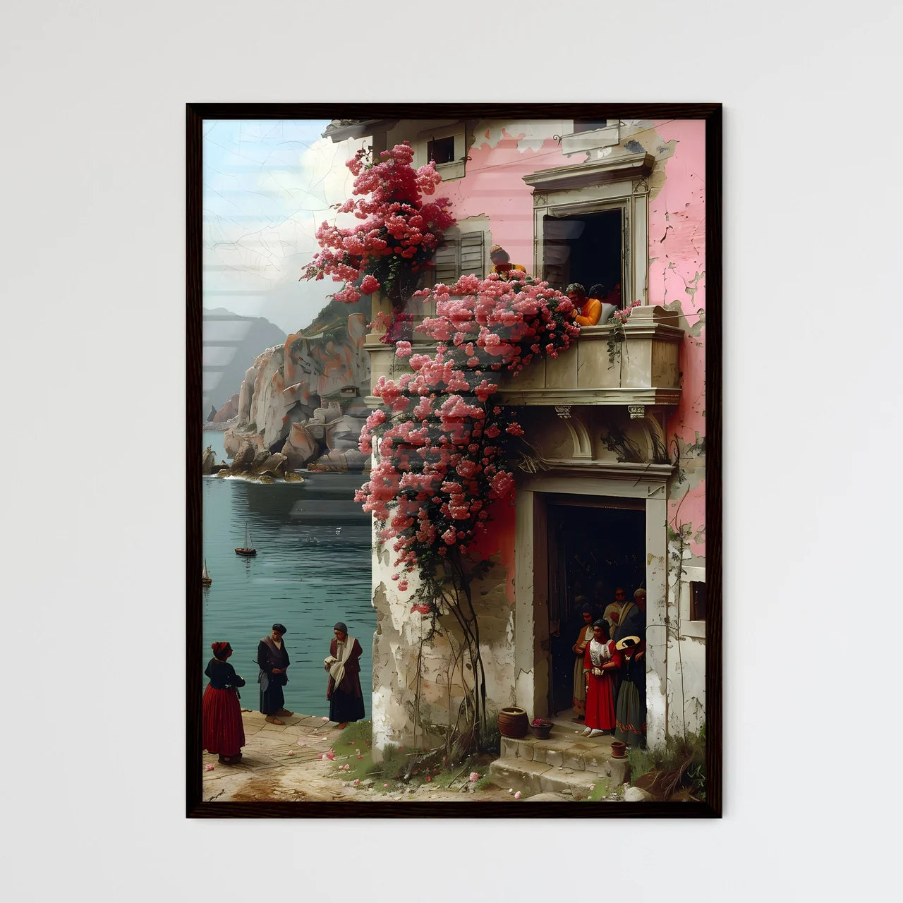Impressionist Trattoria Scene: Art Painting of Lively Midday Dining Atmosphere Featuring Steaming Pasta and Balcony Flowers Framed Art