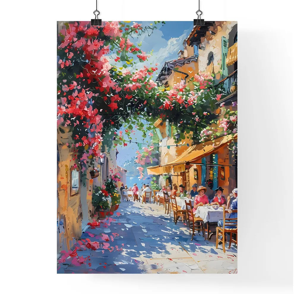 Impressionist Italian Trattoria Scene 1798: Midday Dining Joy, Pasta, Cozy Ambiance, Sunlight, Vine-Covered Pergola Poster