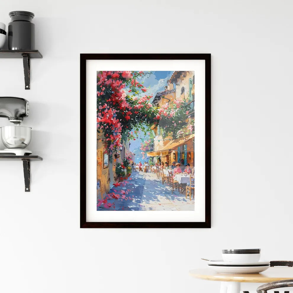 Impressionist Italian Trattoria Scene 1798: Midday Dining Joy, Pasta, Cozy Ambiance, Sunlight, Vine-Covered Pergola Custom Print
