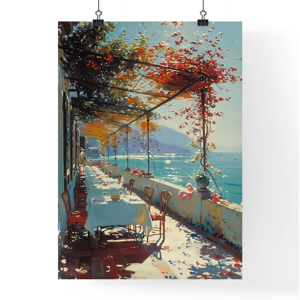 Impressionist Italian Trattoria Dining Scene, Midday 1798, Cozy Ambiance, Ocean View, Painting, Art Poster