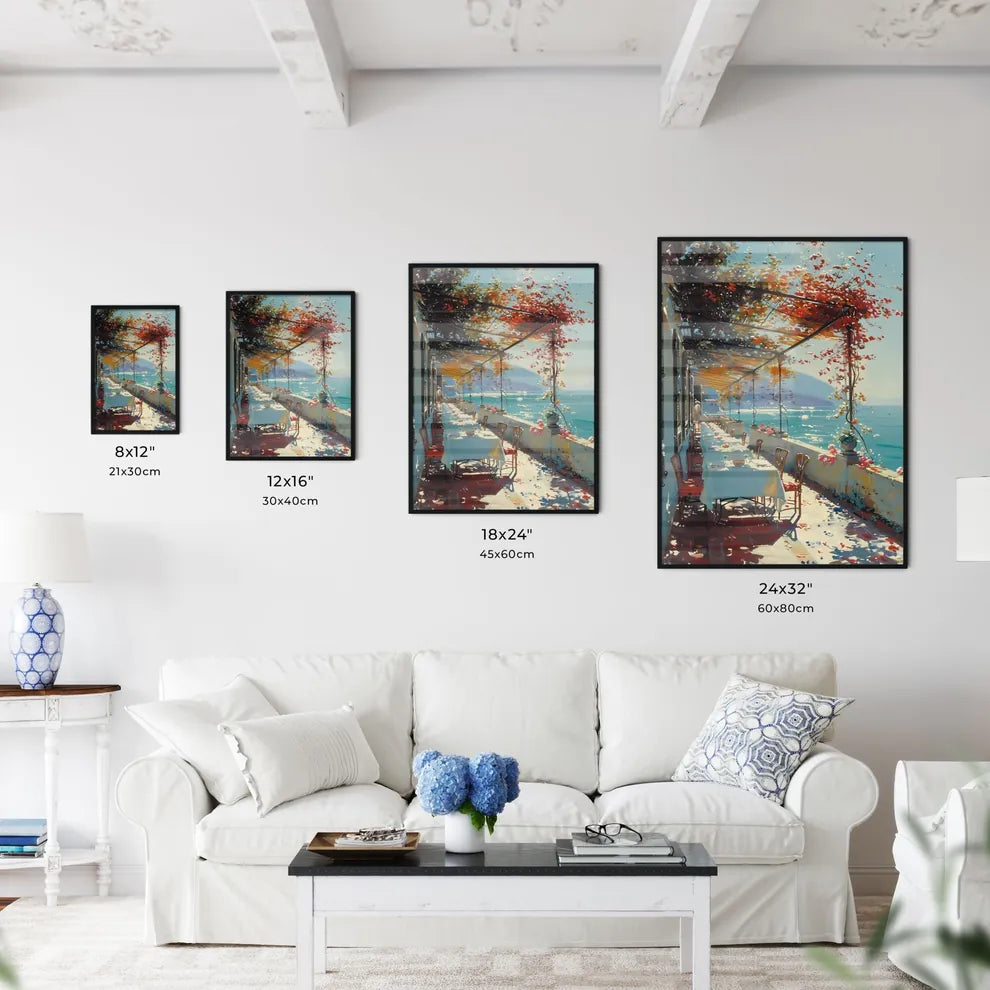 Impressionist Italian Trattoria Dining Scene, Midday 1798, Cozy Ambiance, Ocean View, Painting, Art Size Chart