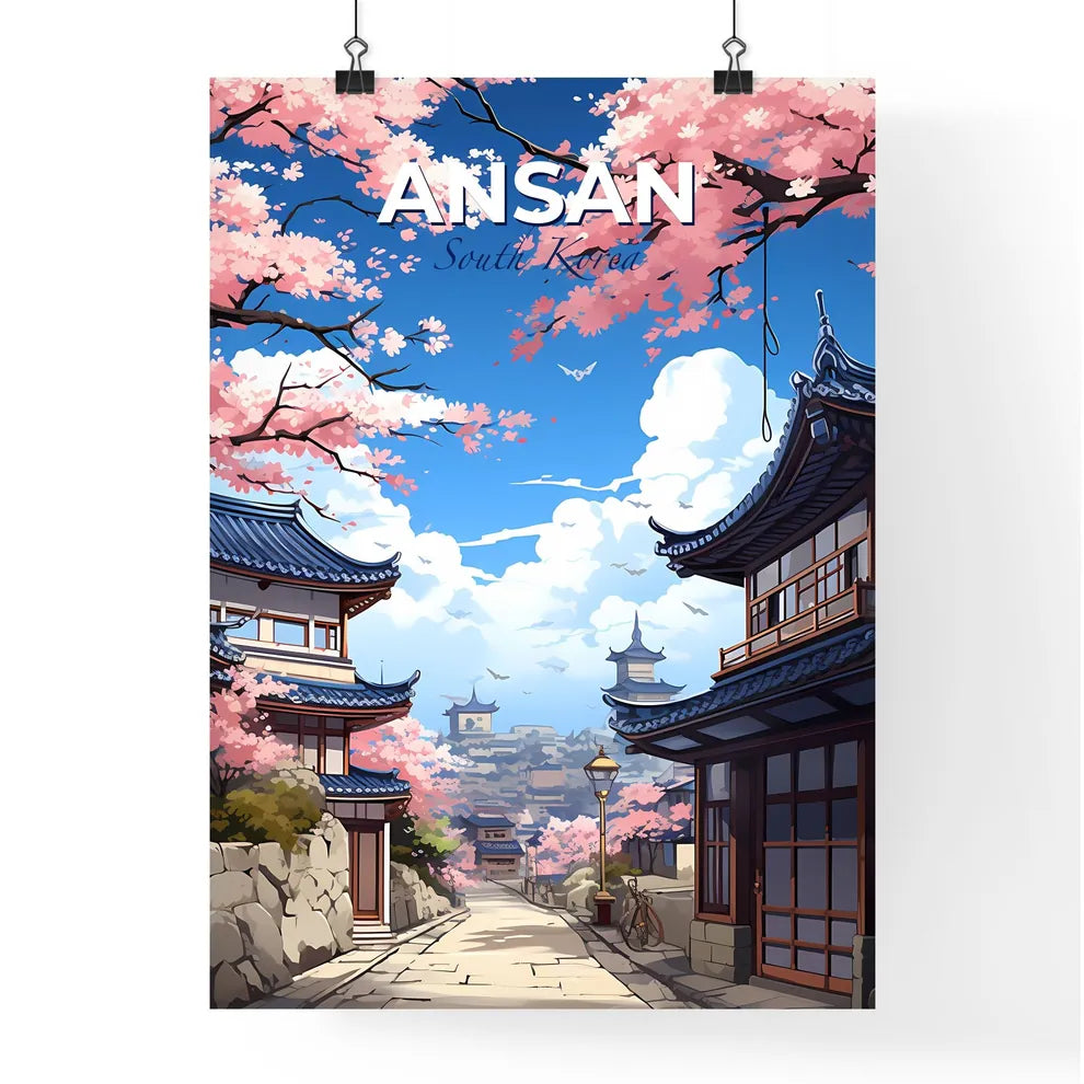 Ansan South Korea Cityscape Watercolor Painting - Street View with Vibrant Buildings and Cherry Blossoms Default Title