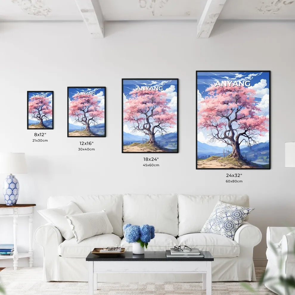 Vibrant Art Painting of Anyang South Korea Skyline Featuring Pink Flowering Tree Default Title