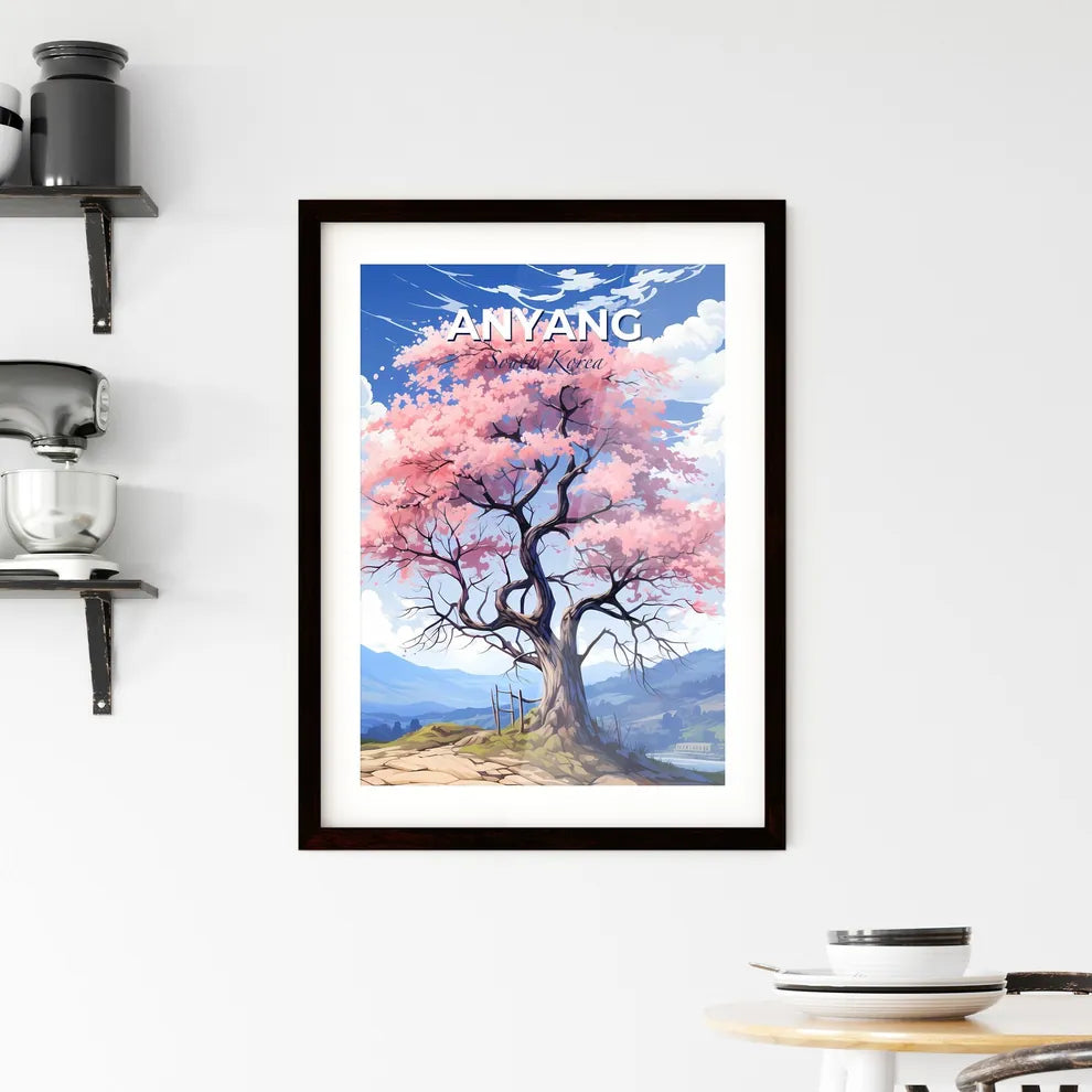 Vibrant Art Painting of Anyang South Korea Skyline Featuring Pink Flowering Tree Default Title