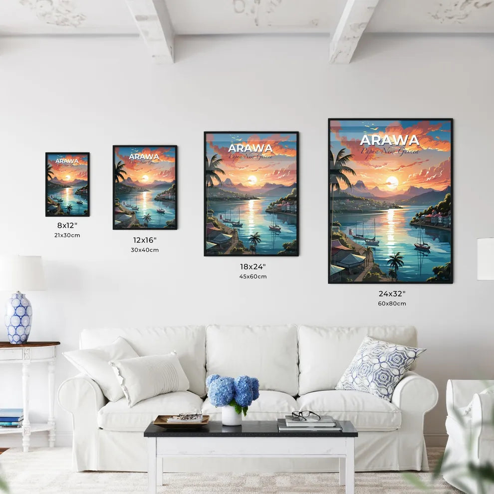 Colorful Arawa Papua New Guinea Painting Sunset Skyline Boats Palm Trees Art Default Title
