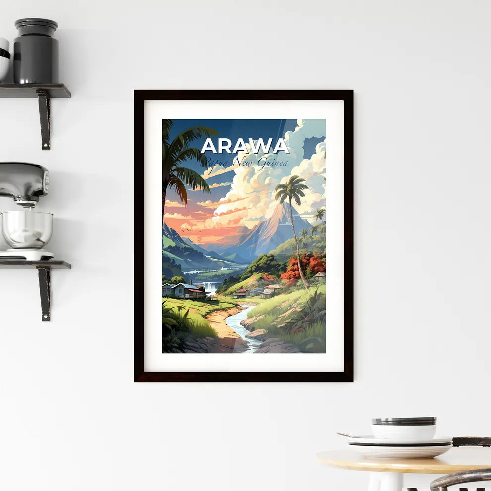 Panoramic Picture Depicting the Artistic Landscape of Arawa, Papua New Guinea, Featuring a River, Dwellings, and Mountains Default Title