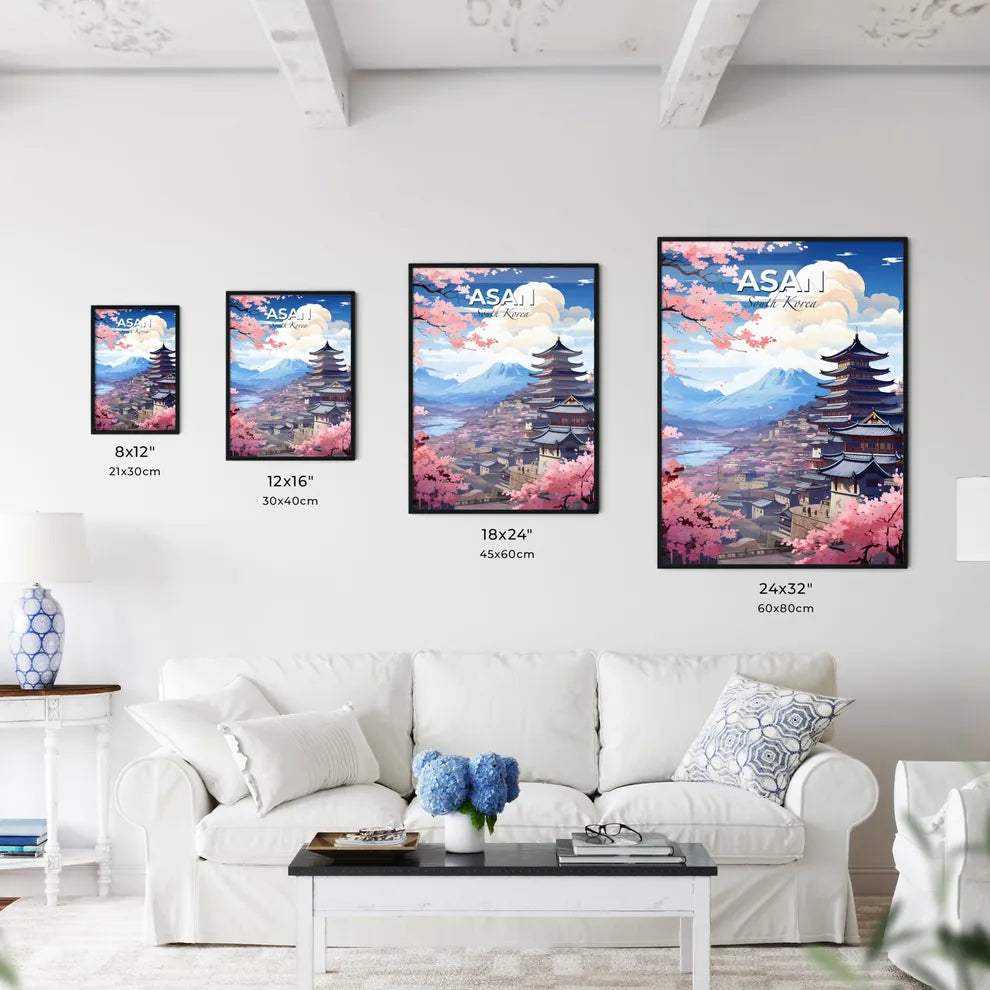Vibrant Asan South Korea Skyline Painting Pagoda Cherry Blossoms Default Title