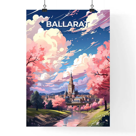 Vibrant Painting of Ballarat Skyline Featuring Castle, Trees, and River Default Title