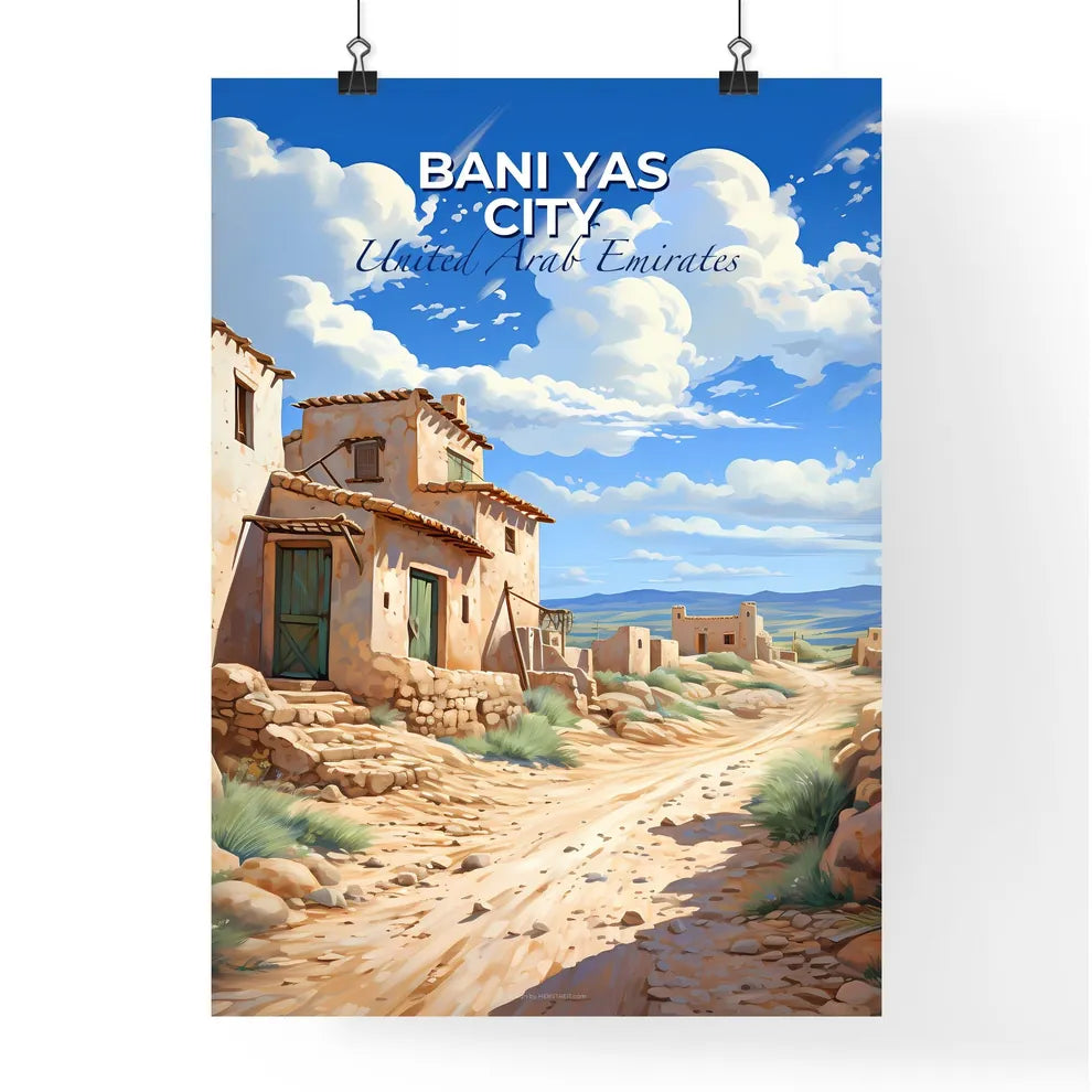 Vibrant Cityscape Painting of Bani Yas City Skyline, UAE, Stone Building Along Dirt Road, Focus on Art Default Title