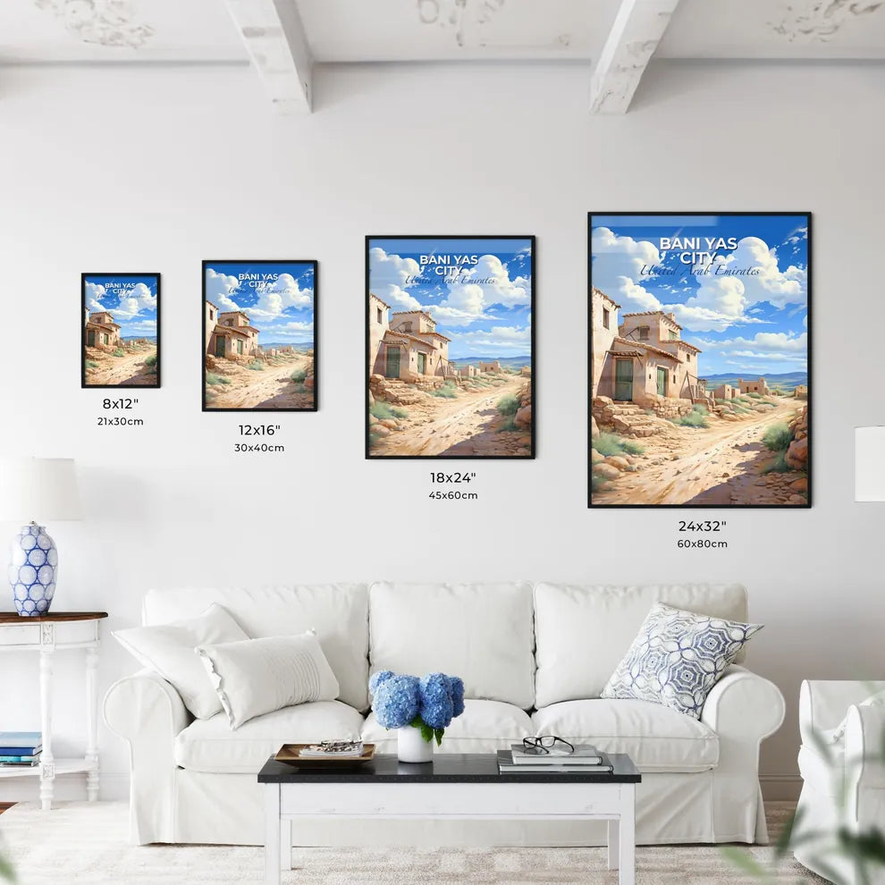 Vibrant Cityscape Painting of Bani Yas City Skyline, UAE, Stone Building Along Dirt Road, Focus on Art Default Title