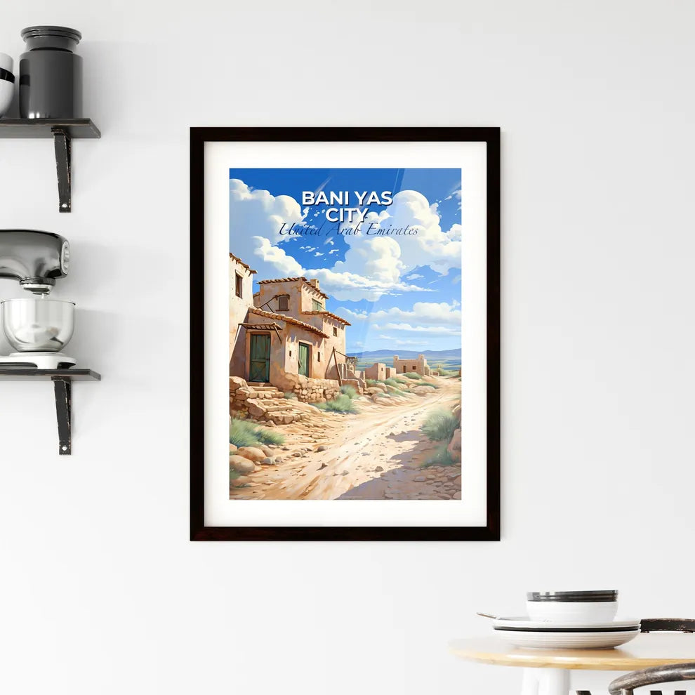 Vibrant Cityscape Painting of Bani Yas City Skyline, UAE, Stone Building Along Dirt Road, Focus on Art Default Title