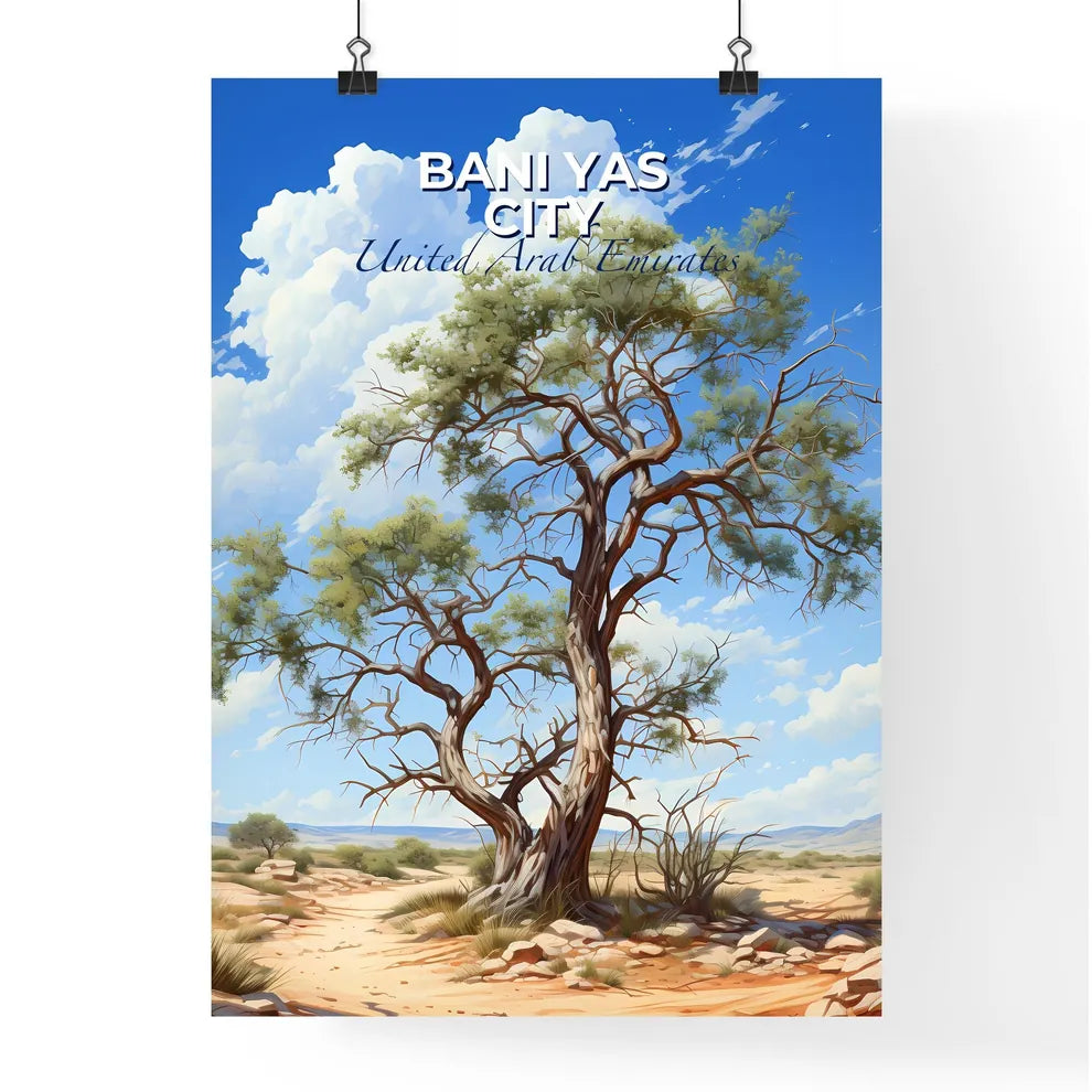 Vibrant Painting: Bani Yas City United Arab Emirates Skyline with Tree in Desert Default Title