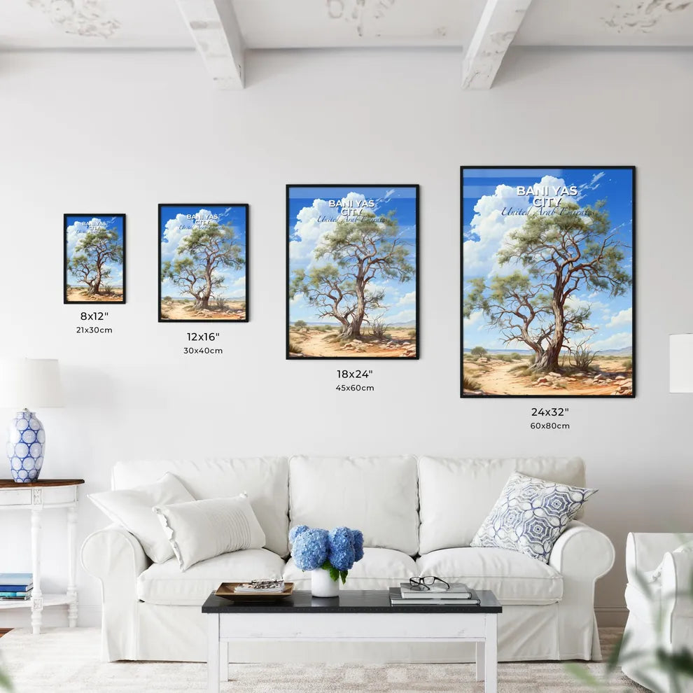 Vibrant Painting: Bani Yas City United Arab Emirates Skyline with Tree in Desert Default Title