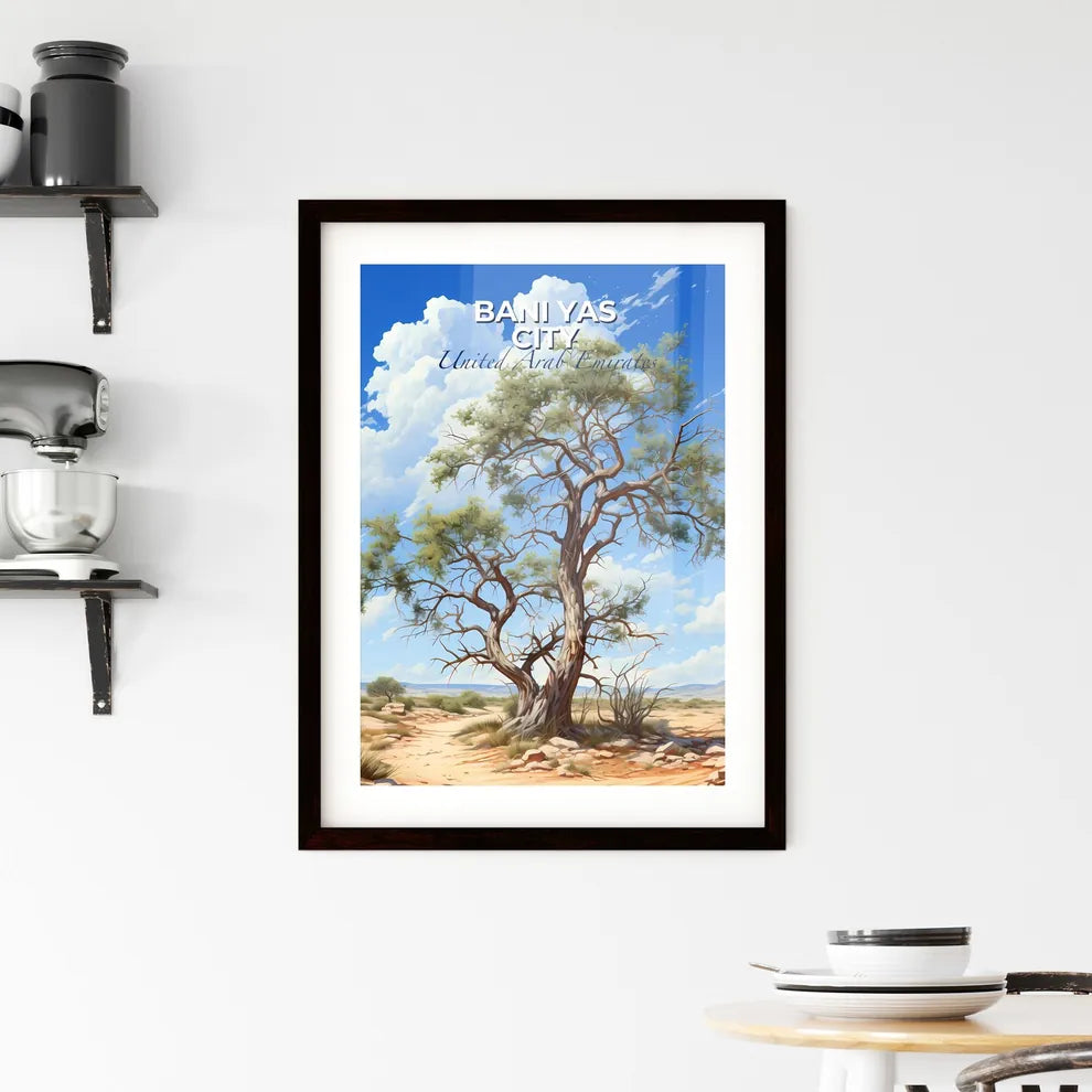 Vibrant Painting: Bani Yas City United Arab Emirates Skyline with Tree in Desert Default Title