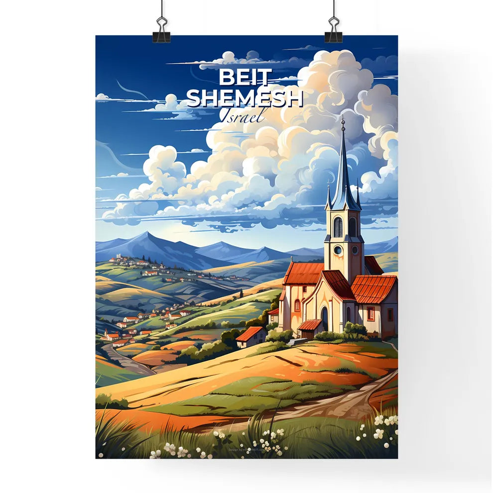 Artistic Beit Shemesh Israel Cityscape Painting Featuring a Church on a Hill Default Title