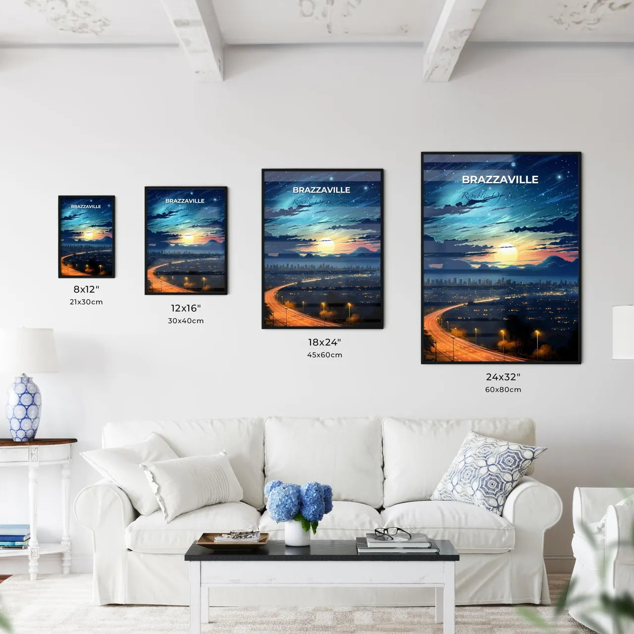 Vibrant Nighttime Cityscape Painting: Brazzaville, Republic of the Congo Skyline with Moonlight and Road Default Title