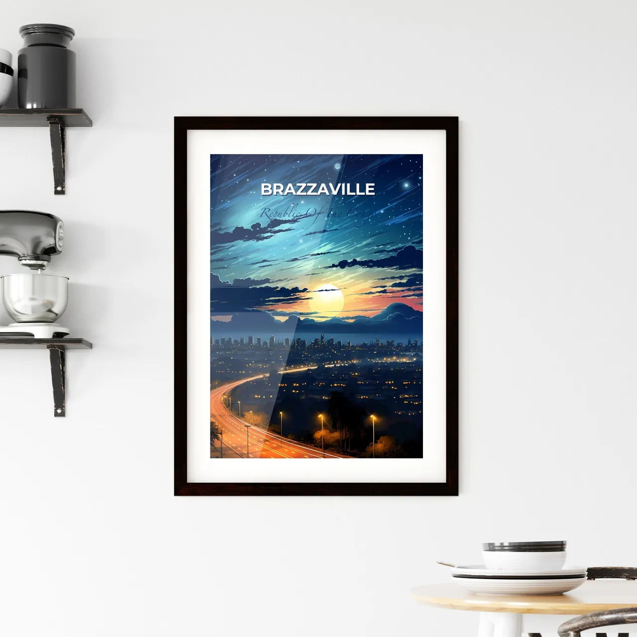 Vibrant Nighttime Cityscape Painting: Brazzaville, Republic of the Congo Skyline with Moonlight and Road Default Title