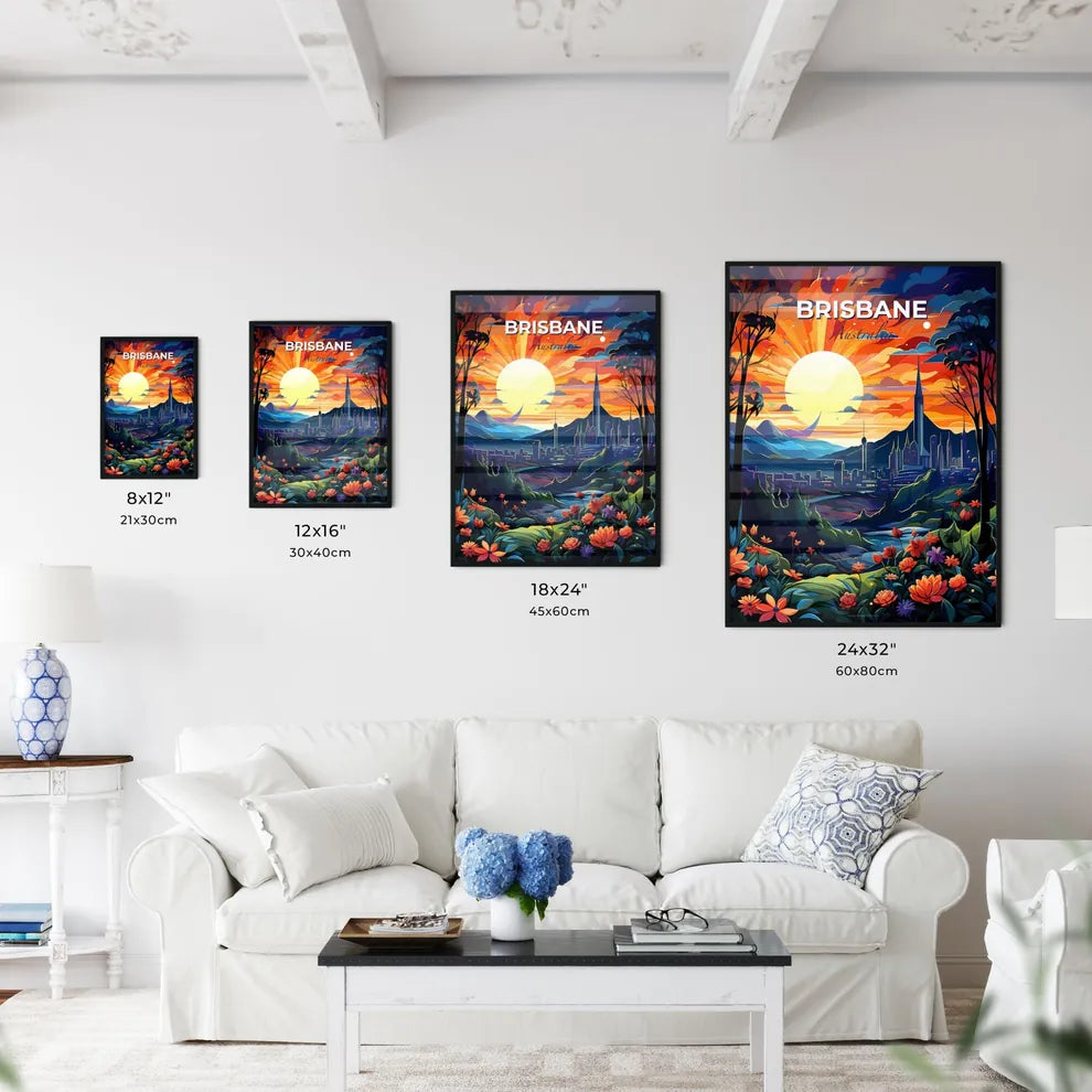 Vibrant Brisbane Skyline Painting: Colorful Cityscape with Mountains Default Title