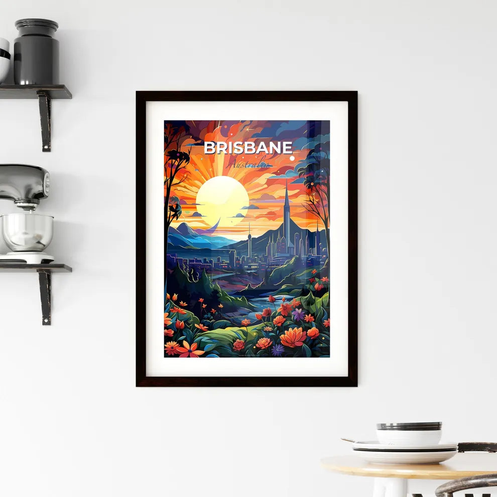 Vibrant Brisbane Skyline Painting: Colorful Cityscape with Mountains Default Title
