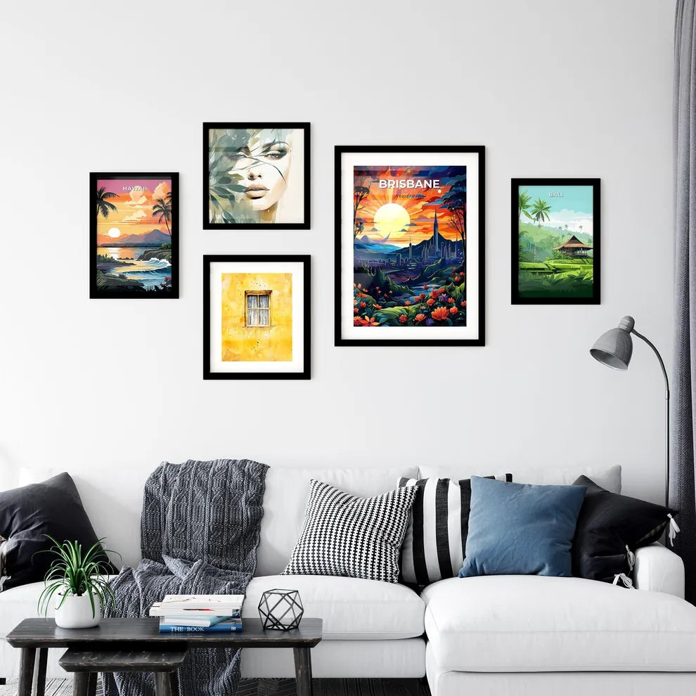 Vibrant Brisbane Skyline Painting: Colorful Cityscape with Mountains Default Title