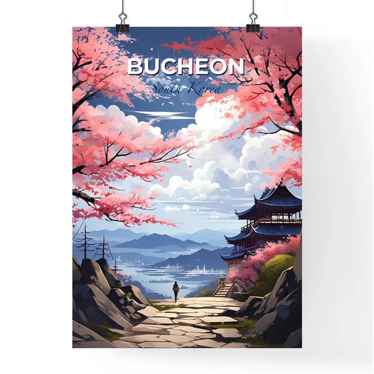Vibrant Painting of Bucheon South Korea Skyline Featuring Traditional Pagoda and Pink Trees Default Title
