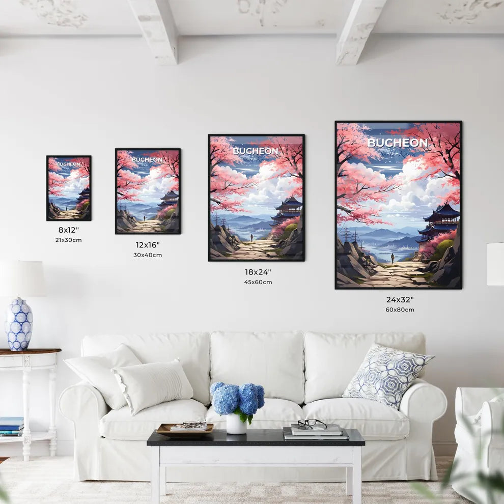 Vibrant Painting of Bucheon South Korea Skyline Featuring Traditional Pagoda and Pink Trees Default Title