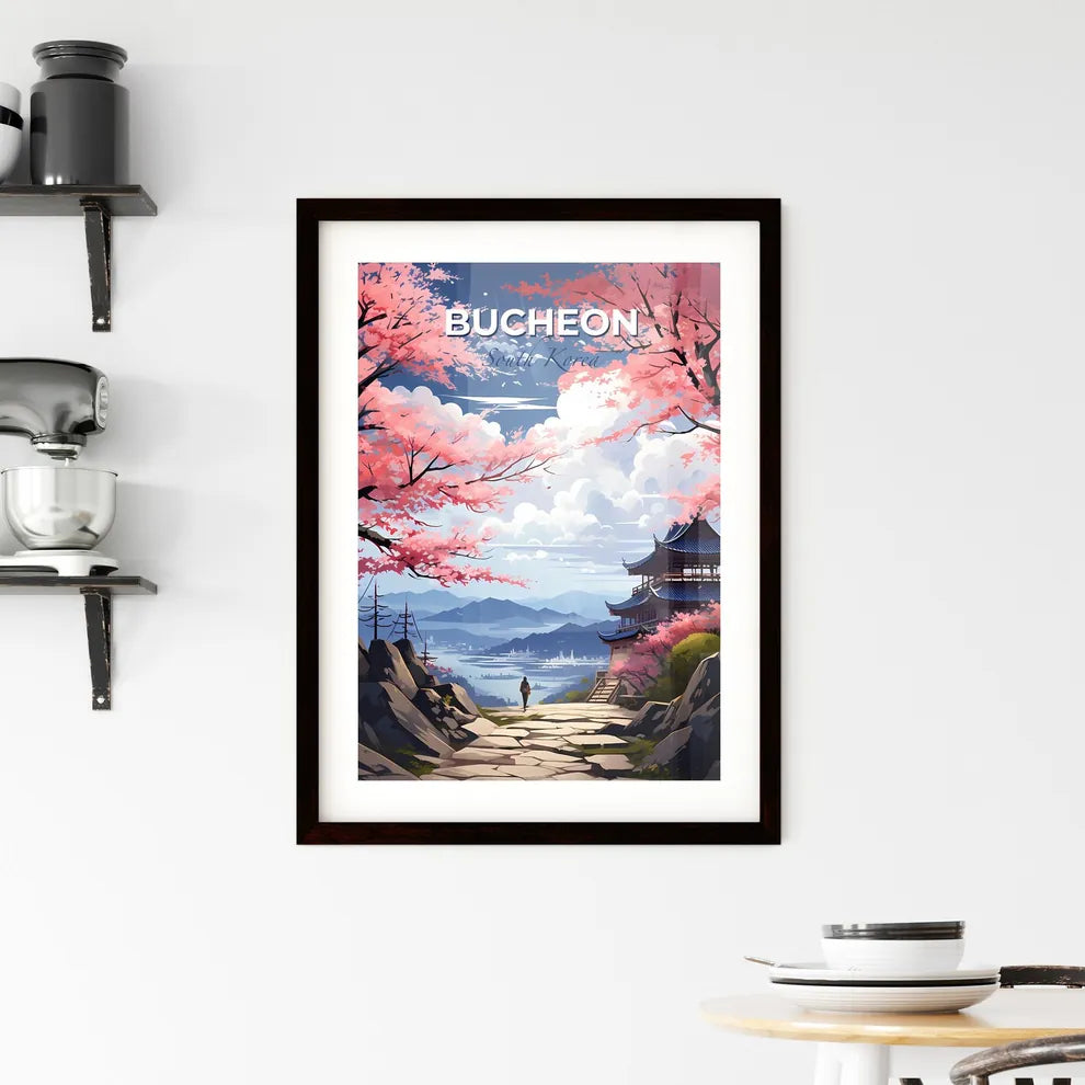 Vibrant Painting of Bucheon South Korea Skyline Featuring Traditional Pagoda and Pink Trees Default Title