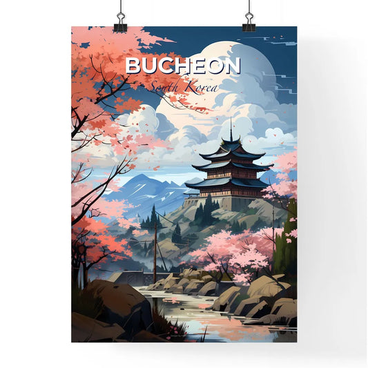Vibrant Korean Skyline Painting: Pastel Pagoda, Flowering Trees, River Default Title