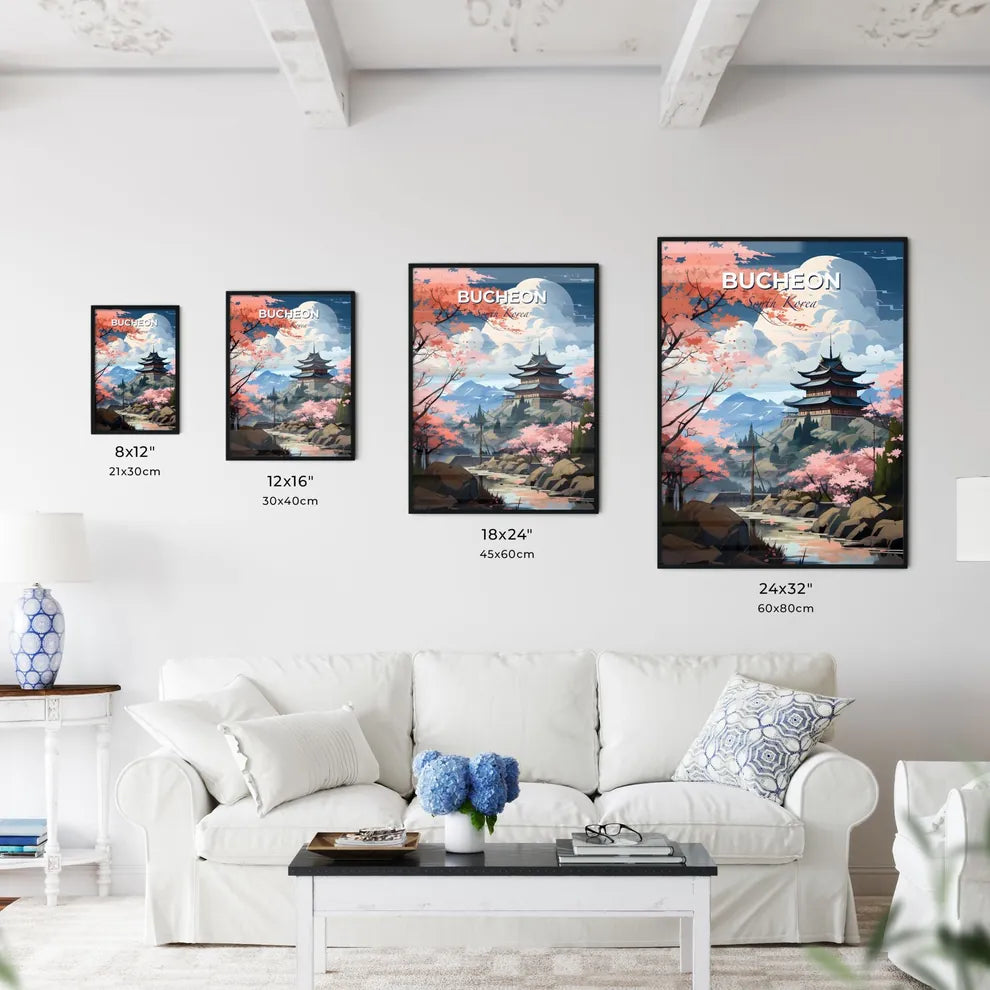 Vibrant Korean Skyline Painting: Pastel Pagoda, Flowering Trees, River Default Title