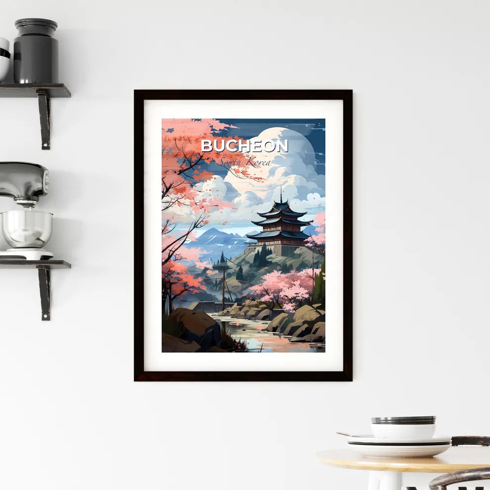 Vibrant Korean Skyline Painting: Pastel Pagoda, Flowering Trees, River Default Title
