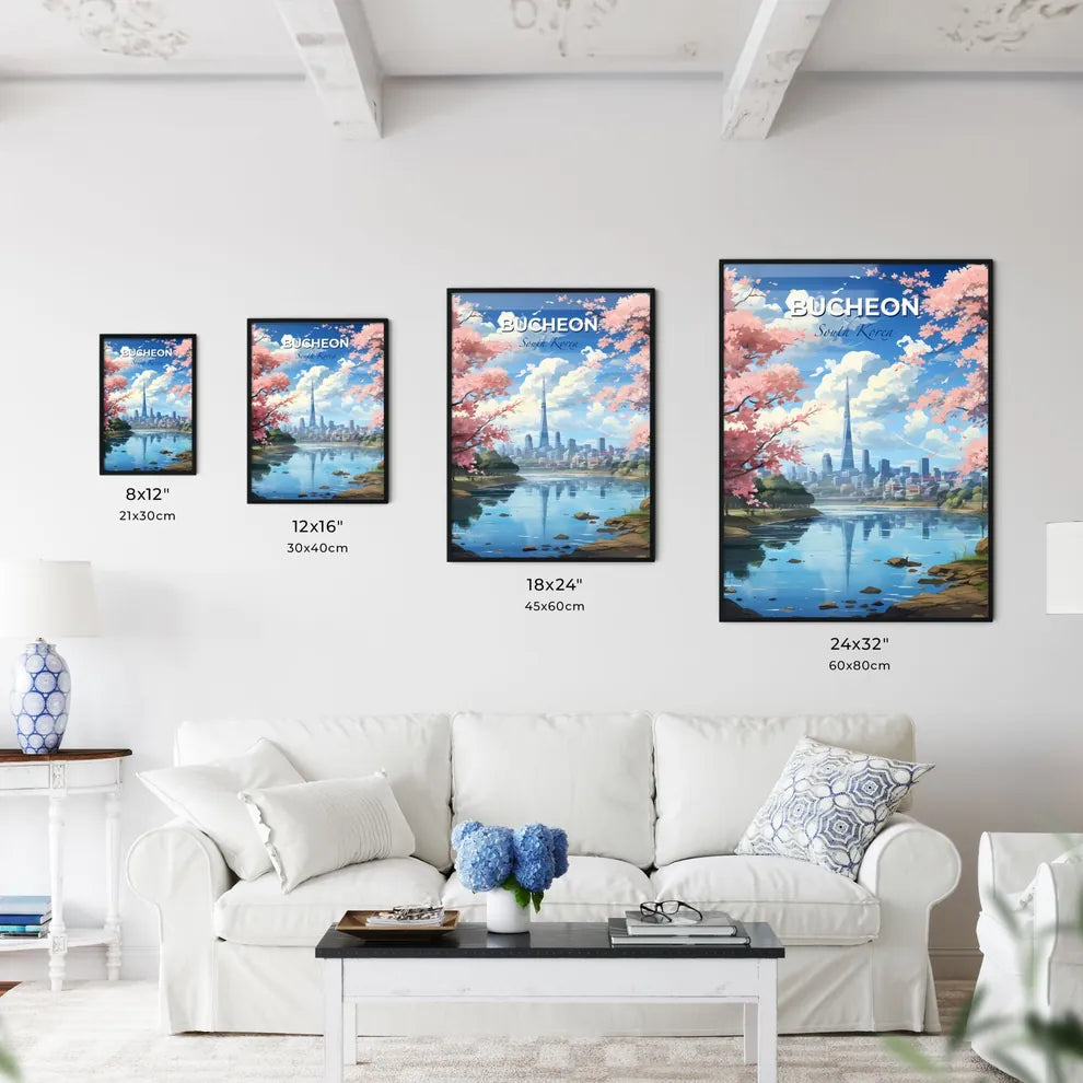 Bucheon Cityscape - Vibrant Painting with River, Skyline, and Trees Default Title