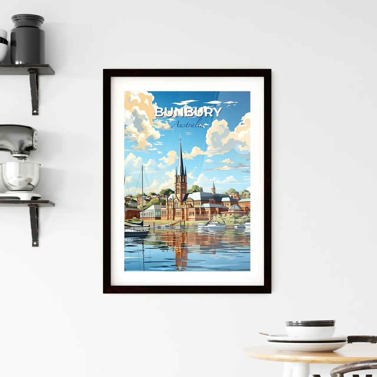 Vibrant Painting of Bunbury Town Skyline Featuring Boats on Water Default Title