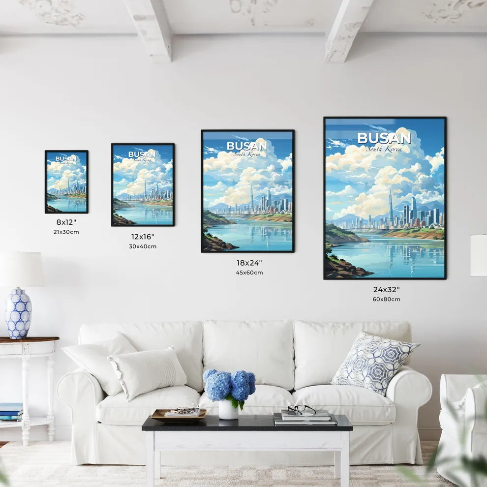 Busan South Korea Cityscape Painting: Vibrant Skyline, River, Clouds Default Title