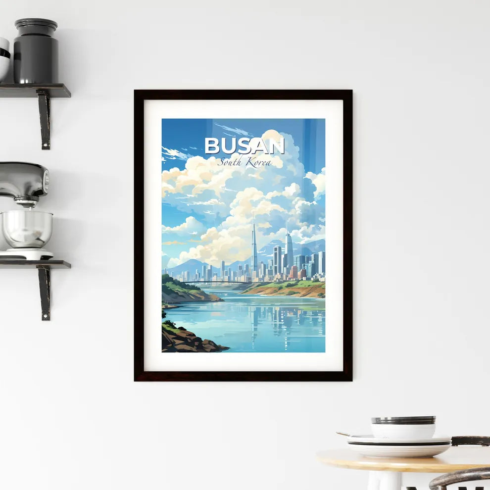 Busan South Korea Cityscape Painting: Vibrant Skyline, River, Clouds Default Title