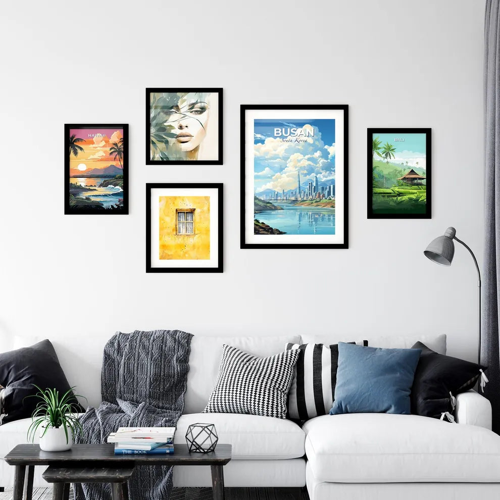 Busan South Korea Cityscape Painting: Vibrant Skyline, River, Clouds Default Title