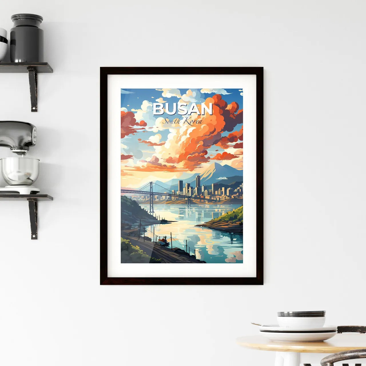Modern Expressionist Painting of Busan South Korea Skyline with Bridge over River Default Title