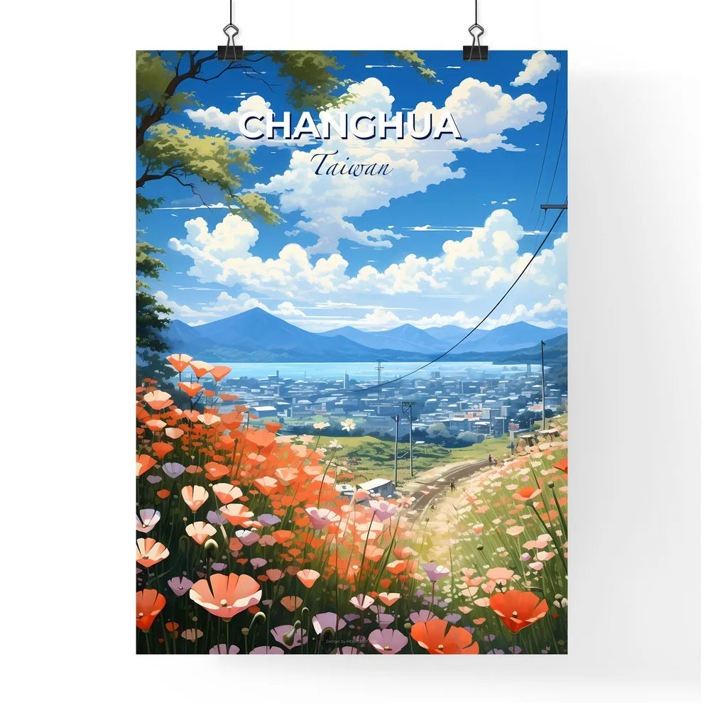 Cityscape Artwork: Vibrant Roadside Flowers with Changhua Taiwan Skyline Default Title