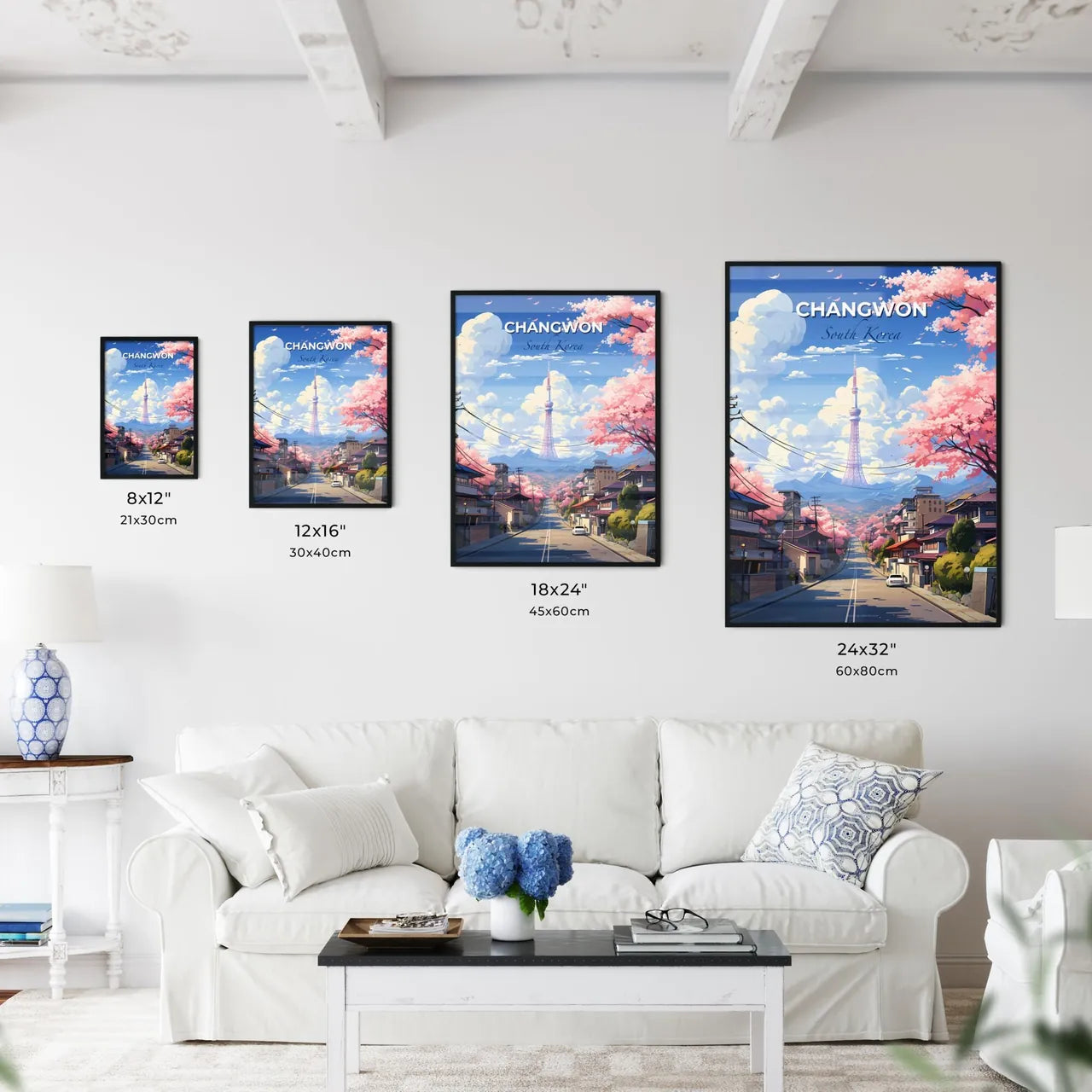 Changwon South Korea City Skyline Vibrant Painting with Cherry Blossoms and Tower Default Title