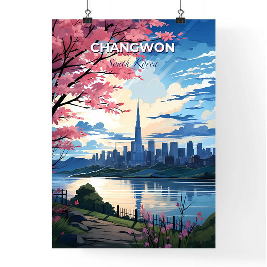 Seoul South Korea modern city skyline with pink cherry blossoms overlooking water front Default Title