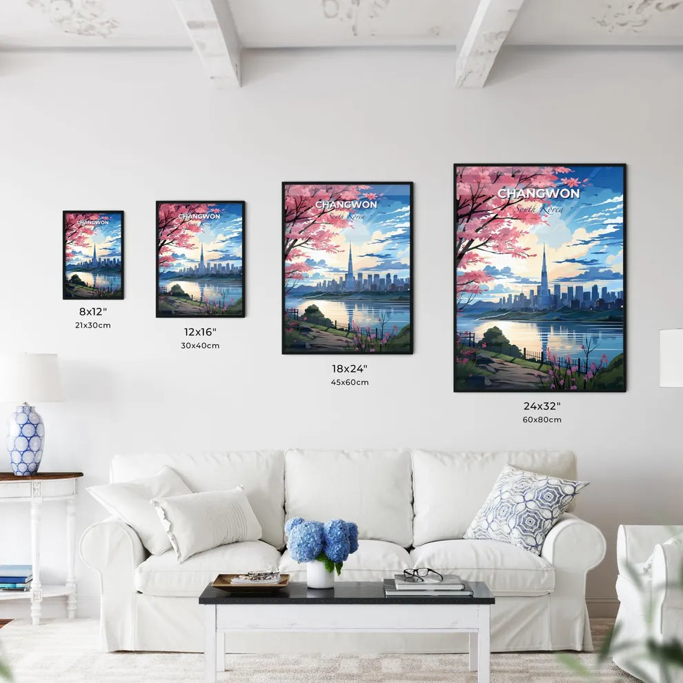 Seoul South Korea modern city skyline with pink cherry blossoms overlooking water front Default Title