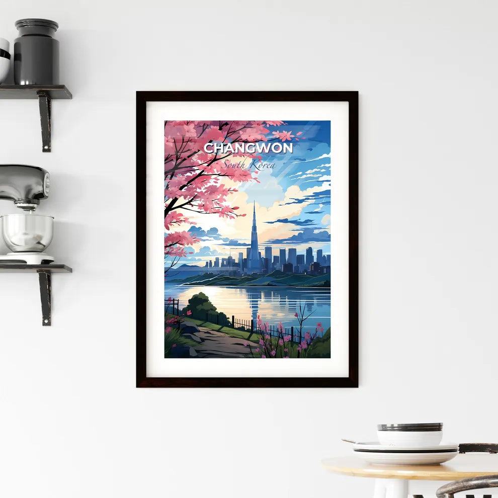 Seoul South Korea modern city skyline with pink cherry blossoms overlooking water front Default Title