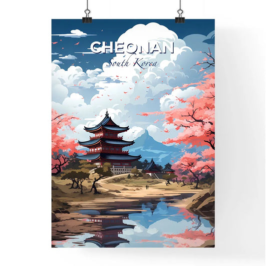 Cheonan South Korea Pink Trees Cityscape Traditional Painting Pagoda Skyline Oriental Art Default Title